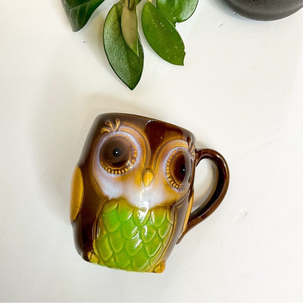 VINTAGE 70s-80s Owl Shaped Ceramic Mug Retro Pottery Coffee Cup